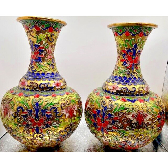 Vintage Cloisonne Floral Vases (Set of 2 Vases) 7.5" x 4.5" - Picture 4 of 11